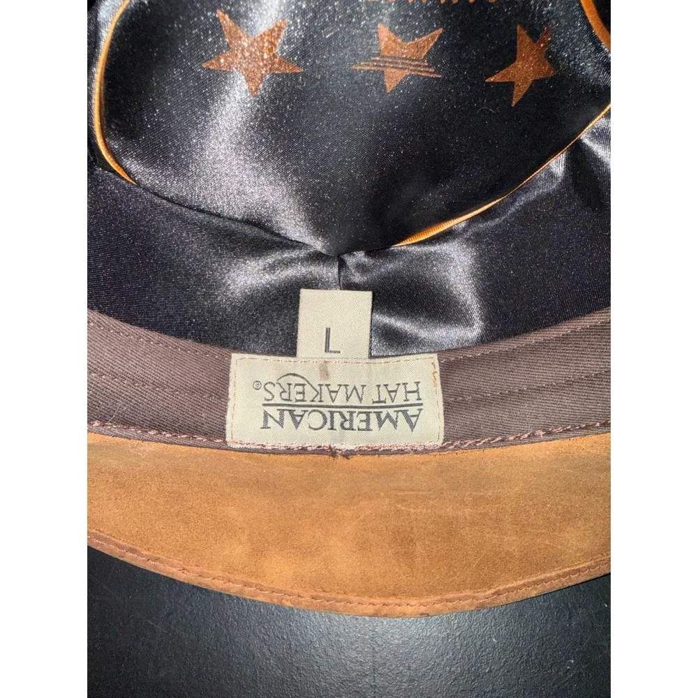 American Hat Makers Brown Leather Cowboy Hat Braided Band Wide Brim Mens Large